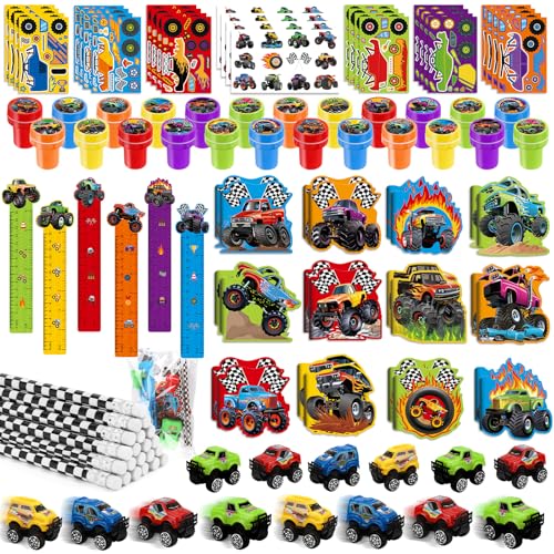 BenLouis 96Pcs Monster Truck Party Favors Truck Car Birthday Stampers Stickers School Stationery Set Bulk for Kids wheels party Race Car Themed Party Goodie Bag Stuffers Pinata Filler Supplies