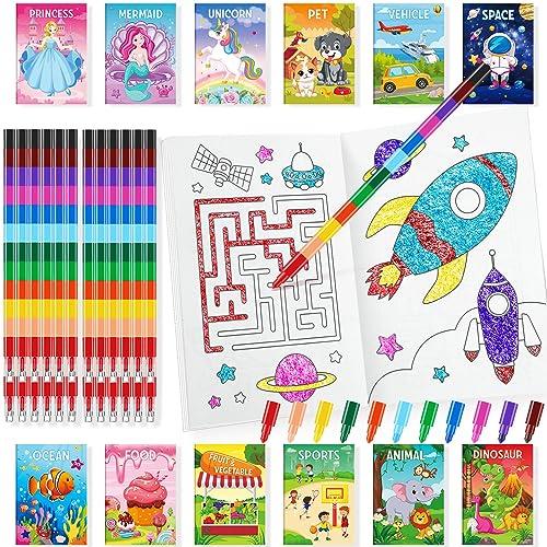 BenLouis Coloring Books for Kids With Stacking Crayons Set Mini Coloring Books Bulk for Ages 4-8-12 Small Activity Books for Birthday Party Gifts Goodie Bags Stuffers Travel(12+12Pcs Classic)