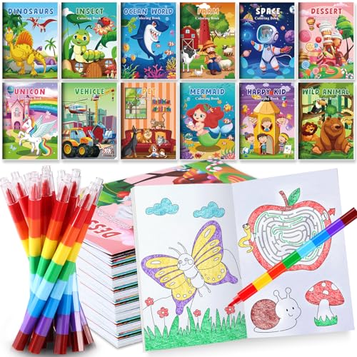 BenLouis Coloring Books for Kids With Stacking Crayons Set Mini Coloring Books Bulk for Ages 4-8-12 Small Activity Books for Birthday Party Gifts Goodie Bags Stuffers Travel(12+12Pcs Colorful)