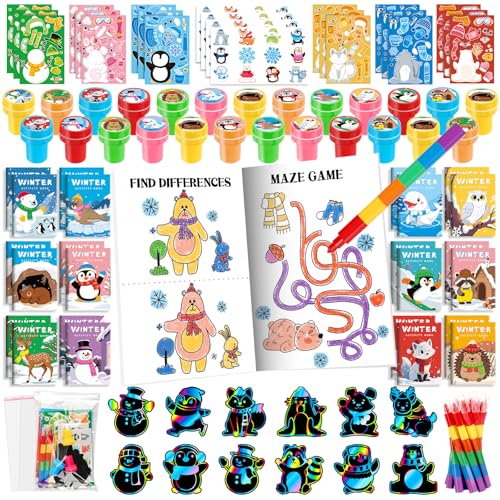 BenLouis Winter Party Favors Set Holiday Themed Coloring Book Classroom Gift Prizes Bulk for Students Kids Christmas Frozen Birthday Goodie Bag Stuffers Pinata Filler (12Set Animals)