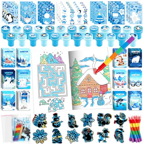BenLouis Winter Party Favors Set Holiday Themed Coloring Book Classroom Gift Prizes Bulk for Students Kids Christmas Frozen Birthday Goodie Bag Stuffers Pinata Filler (12Set Snowflake)