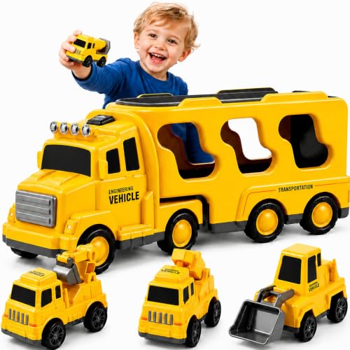 Bennol Construction Truck Toys for 1 2 3 4 5 Years Old Boys Toddlers, Cars Toys Gifts Construction Trucks with Excavator Crane Mixer Bulldozer, Toddler Car Toy Set for Kids Boys Girls