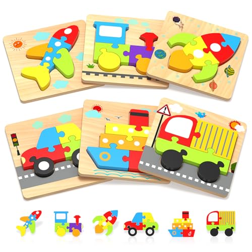 Benresive Wooden Toddler Puzzles for Boys Girls Age 1 2 3, 6 Pack Montessori Vehicle Toys, Educational Preschool Learning Toys, Great Birthday Gifts for Toddlers