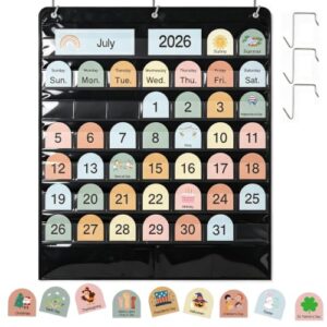 BESARME Classroom Calendar Pocket Chart, Pocket Calendar for Kids 45 Pockets with 150 Cards and 3 Hooks - 32 x 24 in Size for Home Learning, Kindergarten Circle Time and Classroom Schedule (Boho)