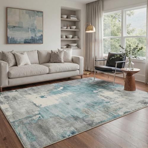 BESBLEE 8x10 Area Rug Living Room Rug, Washable Modern Abstract Soft Thin Rug Indoor Floor No Slip Stain Resistant Carpet for Bedroom,Dining Room,Entryway,Dorm,Classroom,Blue/Grey
