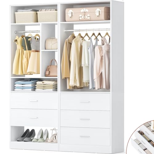 Besiost 4FT Closet Systems with 5 Wood Drawers, 48 Inch Closet Organizer System with 2 Hanging Rods & 7 Shelves, Heavy Duty 48" Walk-in Closet , White (48"L x 15" W x 80" H)