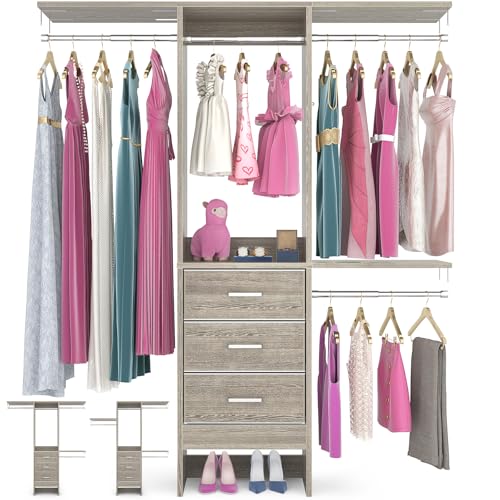 Besiost 4FT Small Closet System with 3 Fabric Drawers, 48'' Closet Organizer System With 3 Adjustable Shelves, Flexible Built-In Clothes Garment Rack for Small Space, 48"L x 13"W x 71"H, White Oak