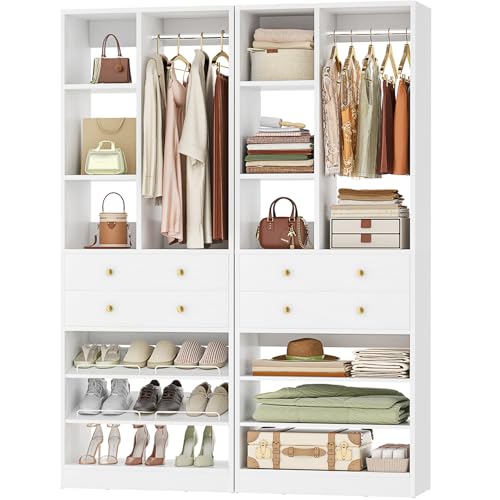 Besiost Closet System, 55.6"/4.7 FT Closet Organizer System with Drawers and Shelves, Walk-in Closets Systems for Small Closets, Free Standing Reach in Closet Tower, Load 1200+LBS, White 2 Pack
