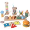 BESTAMTOY 5 in 1 Wooden Educational Learning Toy Set, Montessori Toys for 1 2 3 Year Old,Baby Rain Stick Sensory Fine Motor Skills Toys, Shape Sorter Stacking Puzzle Gifts for Toddlers Boys Girls