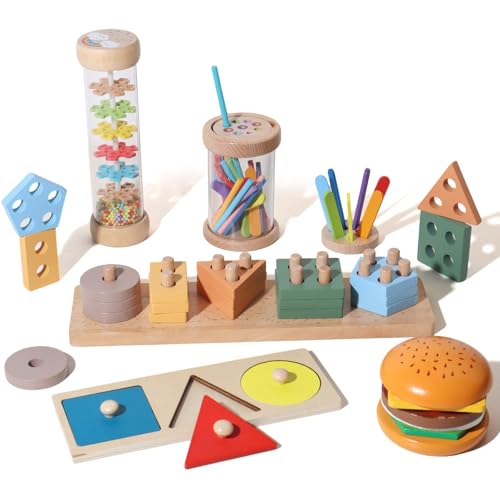 BESTAMTOY 5 in 1 Wooden Educational Learning Toy Set, Montessori Toys for 1 2 3 Year Old,Baby Rain Stick Sensory Fine Motor Skills Toys, Shape Sorter Stacking Puzzle Gifts for Toddlers Boys Girls