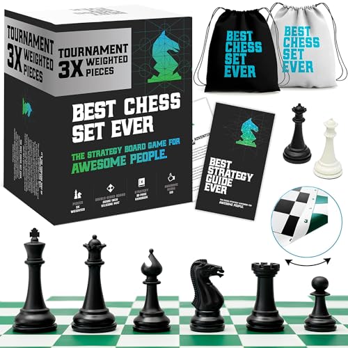 Best Chess Set Ever 3X Tournament Modern Chess Set with Weighted Staunton Pieces, 20x20 Double-Sided Silicone Board, Strategy Guide and Storage Bags for Adults & Kids