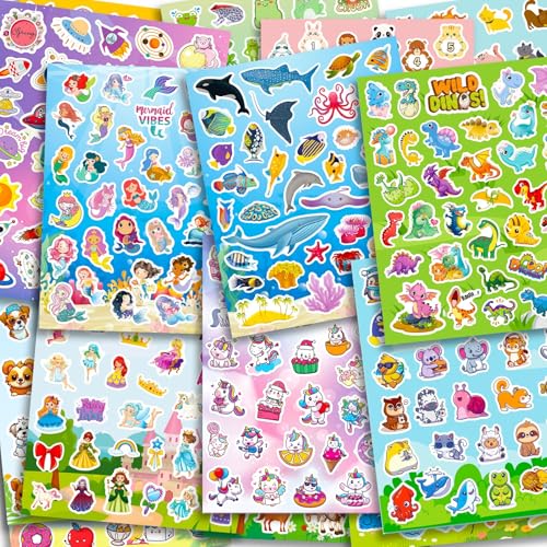 BestiePal 1286Pcs Stickers, 36 Sheets Mixed Water Bottle Vinyl Stickers Pack with Cute Animals, Unicorn, Mermaid, Princess, Dinosaurs, Space, Dogs, Cats Sticker Bulk