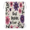 Best Mom Ever Floral Canvas Drawstring Bag, Reusable Storage Pouch for Travel Organizer 8.9"x7.9"