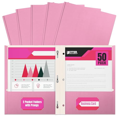 Better Office Products Pink Paper 2 Pocket Folders with Prongs, 50 Pack, Matte Texture, Letter Size Paper Folders, 50 Pack, with 3 Metal Prong Fastener Clips, Pink