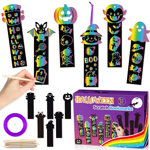 BeYumi 60Pcs Halloween Scratch Bookmarks Gift Set for Kids DIY Pumpkin Bat Witch Frankenstein Spooky Boo Vampire Magic Scratch Paper Art Craft School Classroom Activity Art Project Party Favor