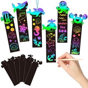 BeYumi 60Pcs Sea World Animals Scratch Bookmarks for Kids DIY Under The Sea Magic Art Rainbow Color Paper Craft Kit Summer Party Favors Birthday Gifts School Classroom Activity Art Project Supplies