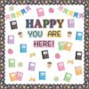 BeYumi Back to School Happy You are Here Bulletin Board Set Colorful Composition Notebook Cutouts Pencil Apple Smile Face Flower Black Border Trims School Kindergarten Classroom Chalkboard Wall Decor