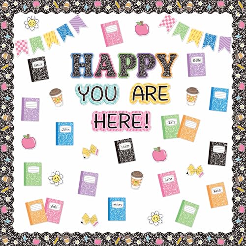 BeYumi Back to School Happy You are Here Bulletin Board Set Colorful Composition Notebook Cutouts Pencil Apple Smile Face Flower Black Border Trims School Kindergarten Classroom Chalkboard Wall Decor