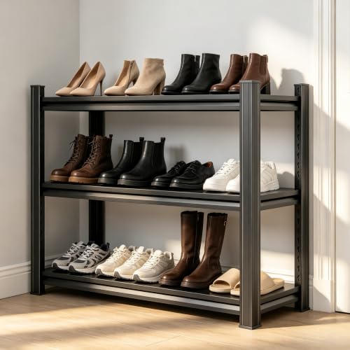 Bezuny 3-Tier Shoe Rack for Entryway, 32" W Metal Shoe Organizer with Adjustable Mesh Shelves, 15-20 Pairs of Shoes, Spacious Floor Mount, Metal, Industrial, Tall Shoe Shelf for Closet, Black