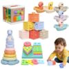 BFALSHB Baby Montessori Toys 6-12 Months, 5 in 1 Sensory Learning Set with Stacking Blocks, Shape Sorter, Bath Toys, Activity Cube, Dinosaur Stacker Educational Toddler Gifts for Boys Girls