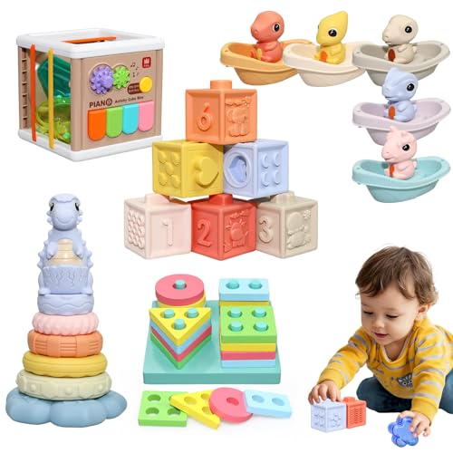 BFALSHB Baby Montessori Toys 6-12 Months, 5 in 1 Sensory Learning Set with Stacking Blocks, Shape Sorter, Bath Toys, Activity Cube, Dinosaur Stacker Educational Toddler Gifts for Boys Girls