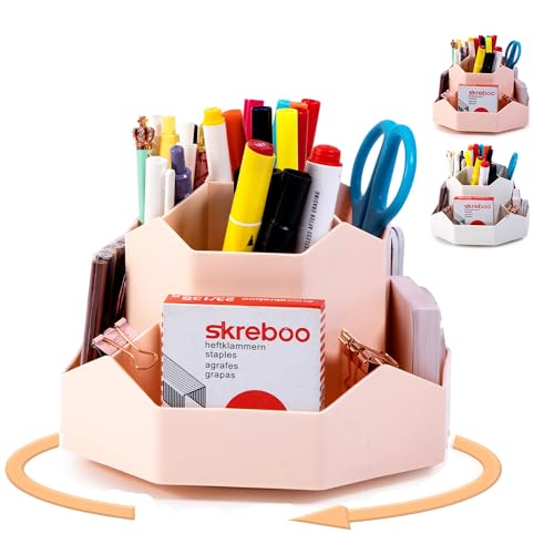 bibiage Pencil Pen Holder, 360° Rotating Pen Holder, Desk Organizer with 9 Slots, Desktop Stationery Storage for Office, School & Home, Art Supplies Desktop Decor, Pink
