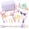 BibiMeow Wooden Makeup Toy Set for Girls 3-8, Pretend Makeup Kit with Princess Braided Hair Extension Lipstick Eyeshadow and Cosmetic Bag, Birthday for Toddler Ages 3-5