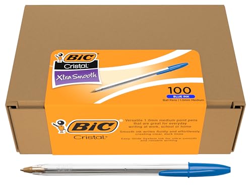 BIC Cristal Xtra Smooth Ballpoint Pen, Medium 1.0 mm Point and Easy-Glide Ink for Everyday Writing, 100-Count Pack in Blue Ink