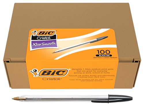 BIC Cristal Xtra Smooth Ballpoint Pen, Medium 1.0 mm Point and Easy-Glide Ink for Everyday Writing, 100-Count Pack in Black Ink