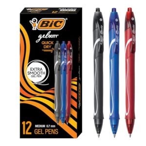 BIC Gelocity Quick Dry Assorted Colors Gel Pens, Medium Point (0.7mm), 12-Count Pack, Retractable Gel Pens With Comfortable Full Grip