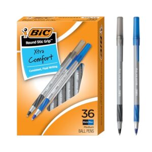 BIC Round Stic Grip Xtra Comfort Assorted Colors Ballpoint Pens, Medium Point (1.2mm), 36-Count Pack, Perfect Writing Pens With Soft Grip for Superb Comfort and Control
