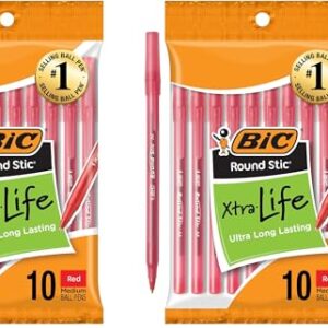 BIC Round Stic Xtra Life Red Ballpoint_Pens, Medium Point (1.0mm) Bulk_Pens, Flexible Round Barrel for Writing Comfort, No. 1 Selling Ballpoint Pens, 10 Count (Pack of 2)