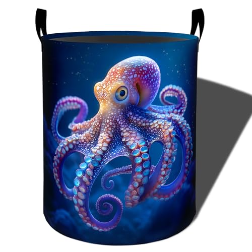 Bidesk Dreamy Octopus Laundry Basket, Ocean Blue Waterproof Fabric Hamper with Handles, Coral Print Decorative Design for Apartment Closet, 19.7x15.7 Inch Foldable Clothes Organizer Gifts