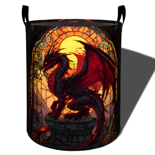 Bidesk Fantasy Dragon Laundry Basket, Stained Glass Waterproof Fabric Hamper with Handles, Arched Window Decorative Design for Apartment Closet, 19.7x15.7 Inch Foldable Clothes Organizer Gifts