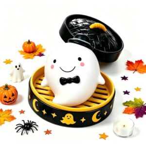 Bidobibo Halloween Spooky Glitter Dumpling Squishies Toys, Dumplings Stress Balls for Adults Fidget Toy with Steamer, Cute Halloween Decor Ghost Bao Bun Squishes for Anxiety Relief (Ghost)