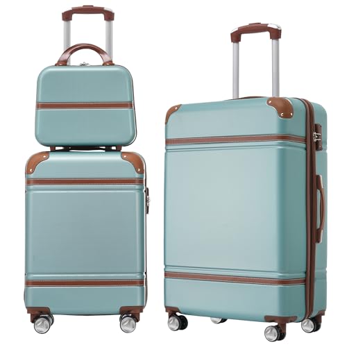 BIFULDYO 3 Pcs Luggage Sets and Cosmetic Case, 20/24" Hard Shell Suitcases, Carry on Suitcase Set, Hard Sided Luggage with Spinner Wheels, Travel Hardshell TSA Checked Suit Case (Green)