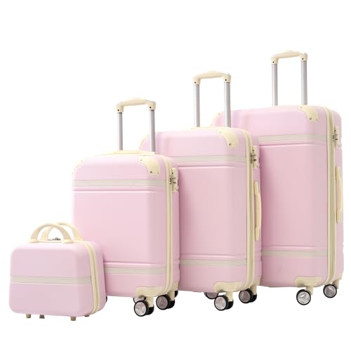 BIFULDYO 4 Pcs Luggage Sets w Cosmetic Case, 20/24/28" Hard Shell Suitcases, Carry on Suitcase Set, PC Hard Sided Luggage with Spinner Wheels, Travel Hardshell TSA Checked Suit Case (Light Pink)