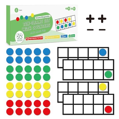 Big Magnetic Ten Frame Set, Opret 52 Pieces Math Manipulatives for Elementary, Kindergarten Classroom Must Haves Math Games with Storage Bag, Ages 5+, 4 Frames, 44 Counters, 2 Plus and 2 Minus
