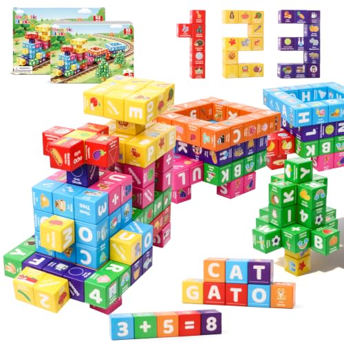 Bilingual Magnetic Building Blocks for Ages 3+, 52pcs Magnetic Stacking Cubes with 312 Words, Alphabet, Numbers, Colors, Autism Montessori Toys, Preschool STEM Educational Sensory Magnet Toys Gifts