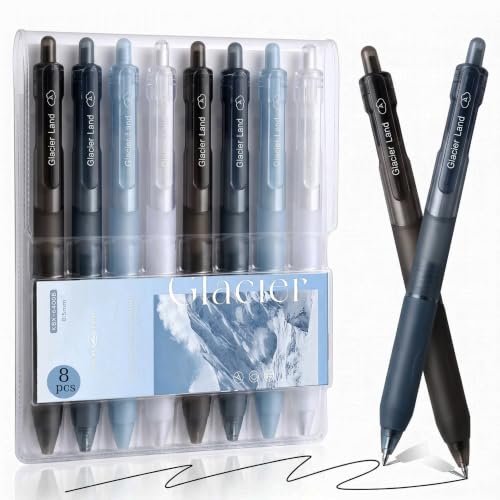bimolon Glacier Land Gel Ink Pens 8-Pack, 0.5mm Fine Point Black Ink Pens, Minimalist Frost Design, Fast Dry No Smudge Retractable Pens with Soft Grip for Office School Journaling