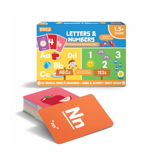 Binca Flash Cards for Toddlers - Letters & Numbers, 50 Double-Sided Cards with Phonics & Counting, Learning Tool for Preschoolers, Educational & Early Learning Toy, Gifts for Kids Ages 1, 2, 3 Years