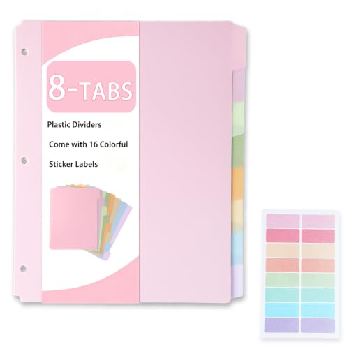 Binder Dividers with 8 Tabs, Plastic Dividers for 3 Ring Binder, 3 Hole Punch Dividers Aesthetic Notebook Dividers with Multicolor Tabs for Document Organizer Office School Supplies,Pink