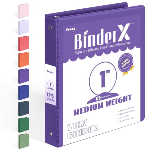 BinderX Extra Durable 3 Ring Binder, Round Rings 1 Inch Binder, Fits 175 Sheets of 8.5x11 Paper, Customizable View Cover with Inside Pockets, Cute 1" Binders, 1 Inch 1 Pack, Purple