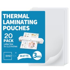 Binditek Matte Laminating Sheets, 3 Mil 20 Pack, 9 x 11.5 Inches Matte Thermal Laminating Pouches, Fits 8.5 x 11 Letter Size - Glare Free, Writable, Heat Seal