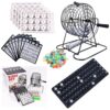 Bingo Cage Game Set for Adults and Youths，Premium Bingo Set includes 8inch rotating metal cage, 75 bingo balls, 18 cards, 150 chips, and foldable main board. Ideal for family bingo and parties