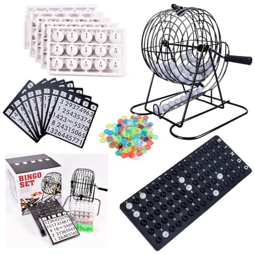 Bingo Cage Game Set for Adults and Youths,Premium Bingo Set includes 8inch rotating metal cage, 75 bingo balls, 18 cards, 150 chips, and foldable main board. Ideal for family bingo and parties