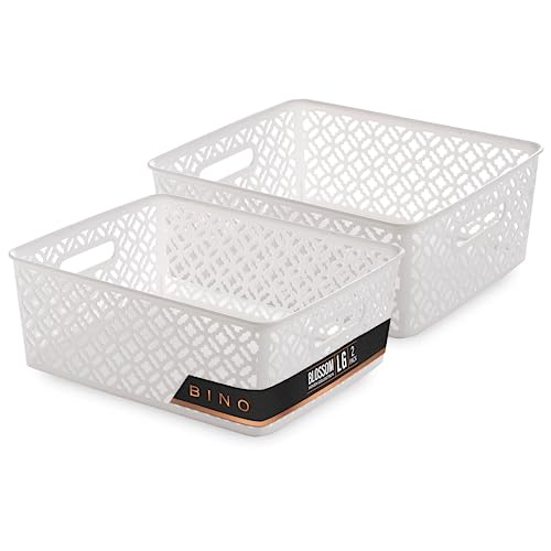 BINO l Plastic Storage Baskets, Large - White | THE BLOSSOM COLLECTION l Multi-Use Organizer Bin l Built-in Handles l Plastic Woven Basket for Organizing l Pantry & Home Organizing Basket
