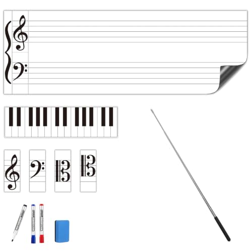 Bintomo Large Magnetic Dry Erase Music Staff Whiteboard, 46.5"x16" Magnet Sheet with Freely Assembled Music Clefs and Piano Keyboard Magnet for Teachers, Musicians, Students, Music Classroom Supplies