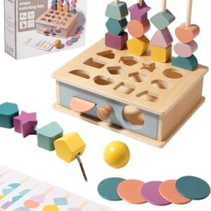 Biottro Montessori Toys for 3 4 5 Year Old - 5 in 1 Learning Education Toy for Toddler Kid Boys Girls - Shape Matching Stacking Color Sorting Beads Lacing Sensory Fidget Gifts