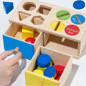 Biottro Wooden Montessori Toys for 3 4 5 Year Old, 2-in-1 Shape Sorter & Coin Drop Box Toy with Drawers Math Counting Color Sorting Game Preschool Educational Sensory Toy Gift for Kids Boys Girls